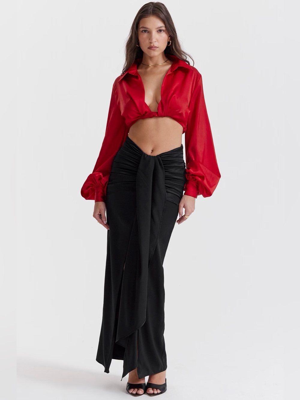 House of CB Arla Draped Silk Maxi Skirt Black Ruffle Size Large